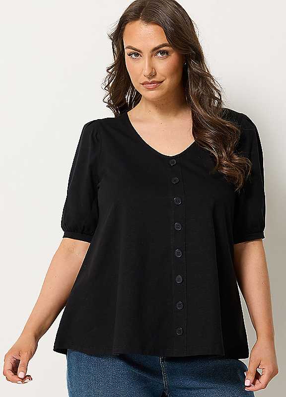 Yours Women's Black Button Front Puff Sleeve Top In | Size: 14 - Image 6