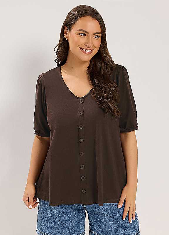 Yours Women's Button Front Puff Sleeve Top in Chocolate | Size: 16 - Image 3