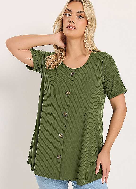 Yours Green Curve Button Front Ribbed Swing Top - Image 7