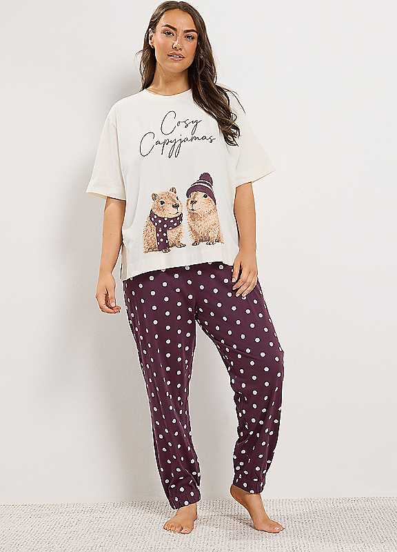 Yours Women's Capybara Polka Dot Cuffed Pyjama Set in Stone | Size: 26-28 - Image 3