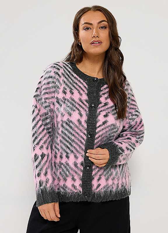 Yours Women's Pink Check Crew Neck Cardigan In | Size: 30/32 - Image 7