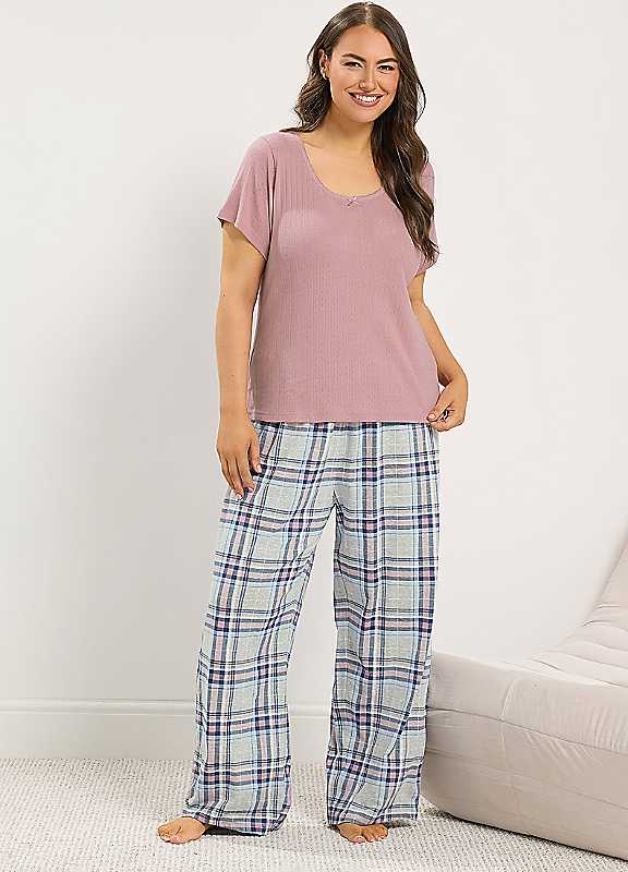 Yours Women's Check Wide Leg Pointelle Pyjama Set in Pink | Size: 26-28 - Image 3