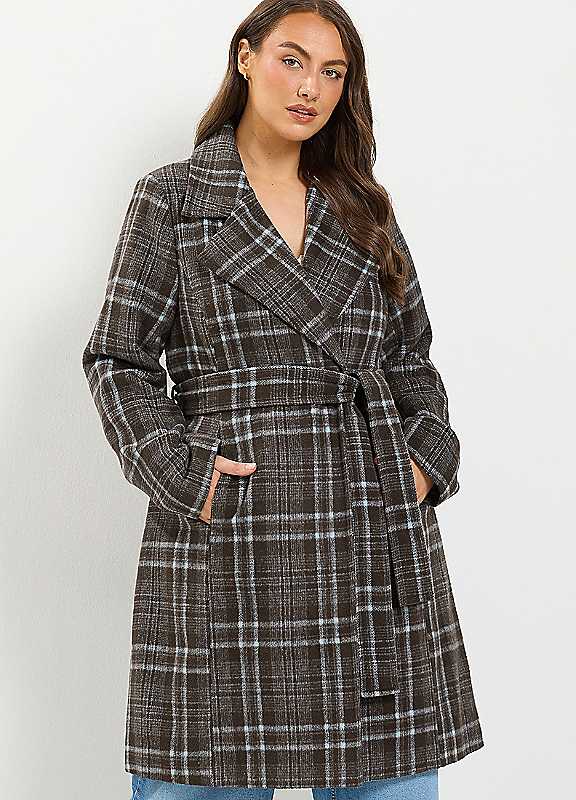 Yours Women's Brown Curve Check Longline Wrap Coat