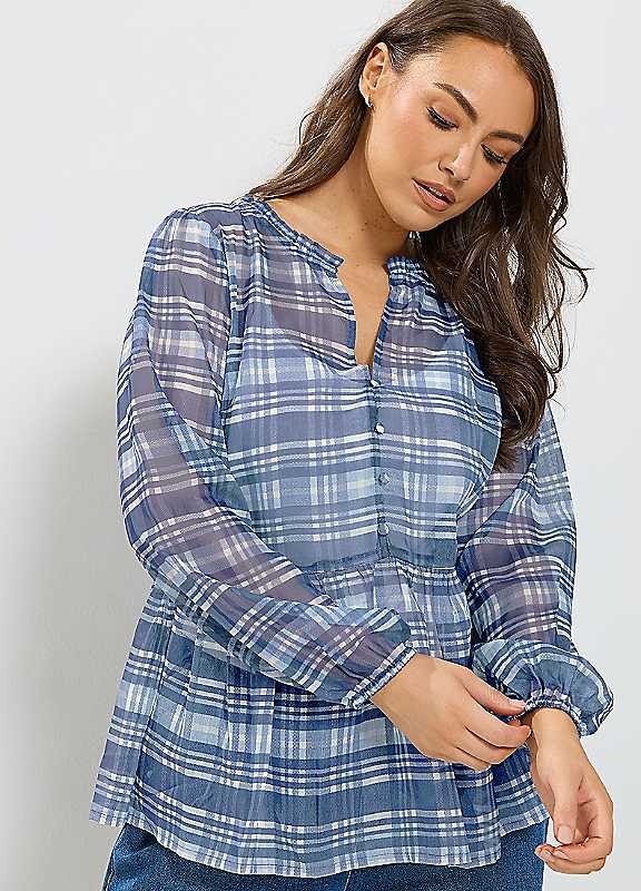 Yours Women's Blue Check Print Chiffon Top In Size 20 - Image 6