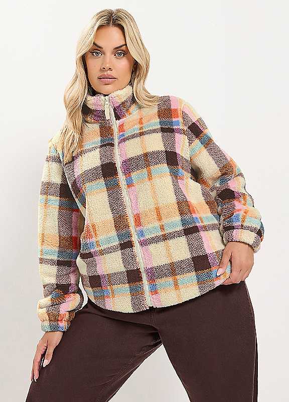 Yours Women's Checked Zip Through Fleece in Cream | Size: 18 - Image 2