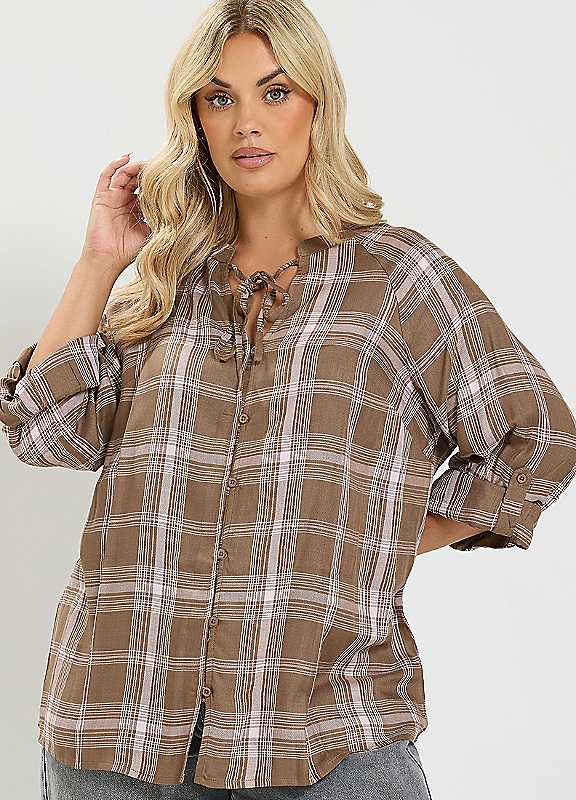 Yours Women's Brown Checked Tie Detail Top In Size 18 - Image 2