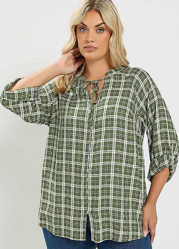 Yours Women's Green Checked Tie Detail Top In Size 22-24 - Image 2