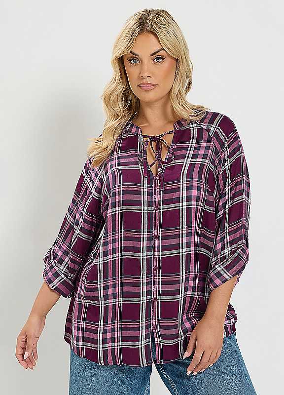 Yours Curve Women's Pink Check Button Through Tie Top - Image 3