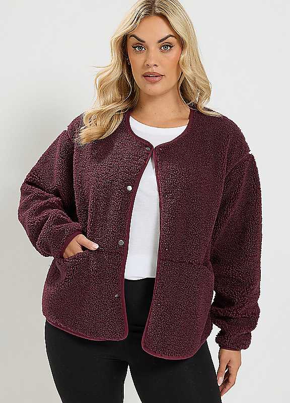 Yours Women's Collarless Fleece Jacket in Burgundy | Size: 18 - Image 2