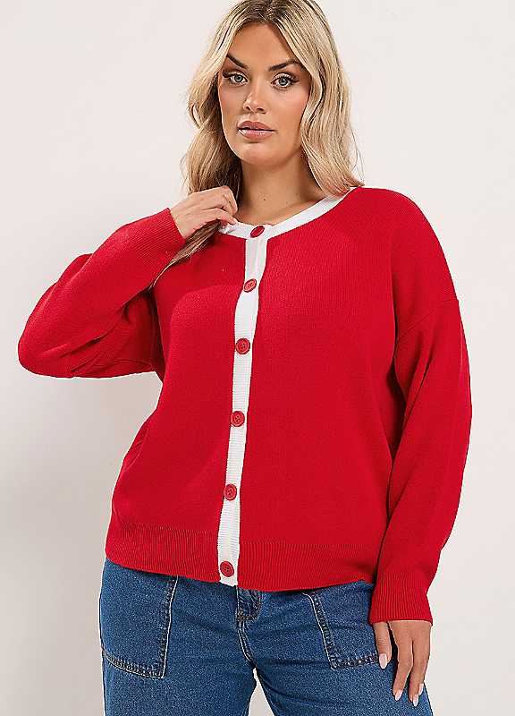 Yours Women's Contrast Knitted Cardigan Sweater in Red | Size: 22-24 - Image 2