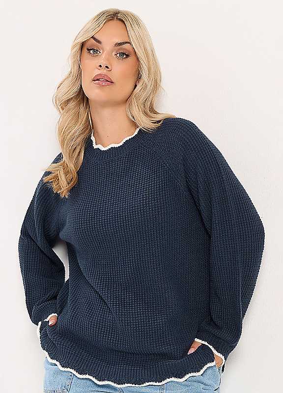 Yours Women's Dark Navy Contrast Waffle Jumper In | : 26/28 - Image 2