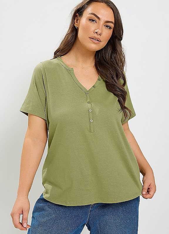Yours Curve Women's Green Short Sleeve Henley Button T-Shirt - Image 3