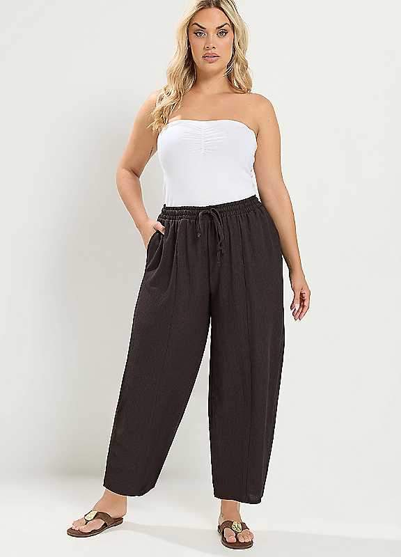 Yours Women's Crinkle Barrel Trousers in Chocolate | Size: 16 - Image 6