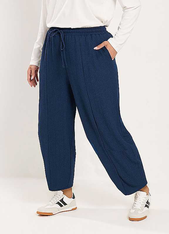 Yours Women's Dark Navy Crinkle Barrel Trousers In | : Size 12 - Image 5