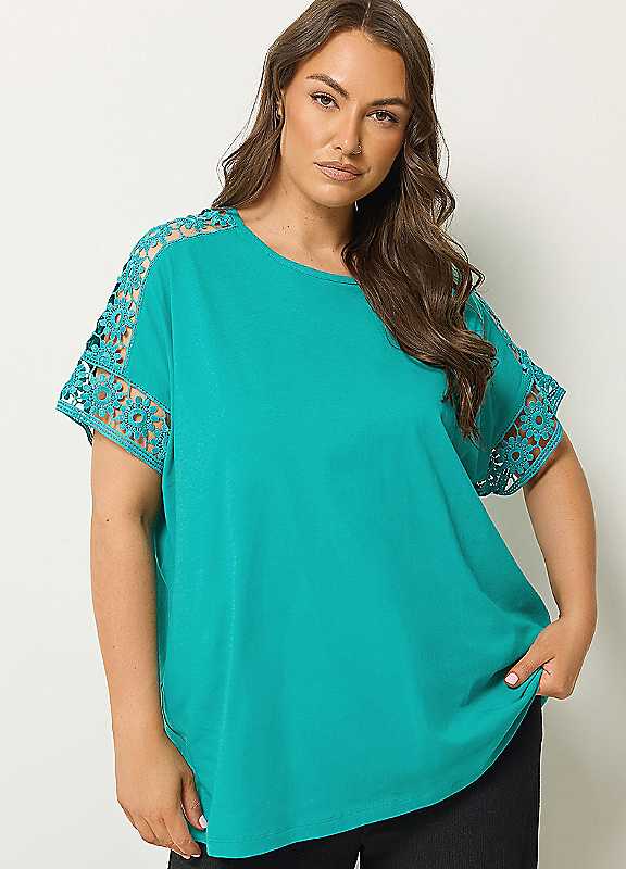 Yours Women's Turquoise Crochet Sleeve Boxy T-Shirt In | Size: 20 - Image 2