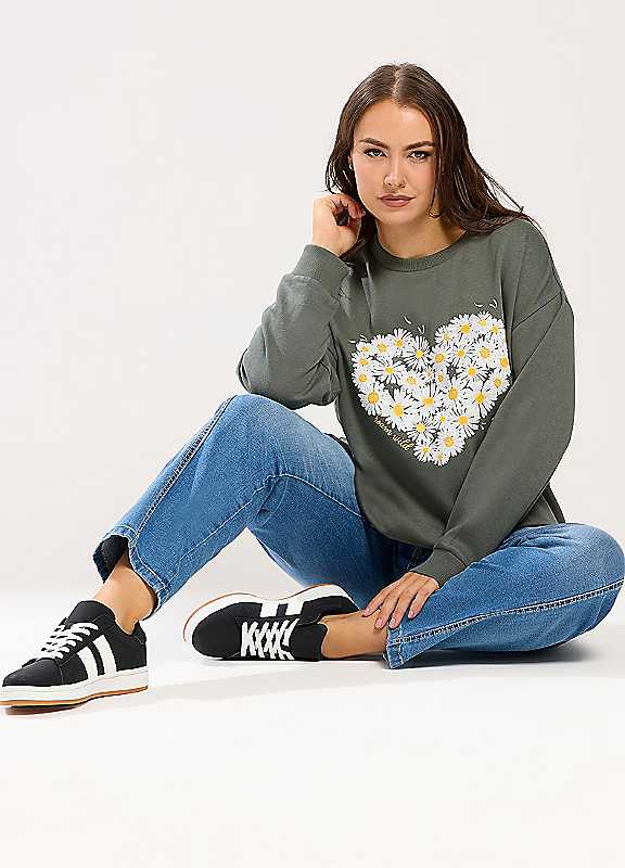 Yours Green Curve Daisy Print Studded Sweatshirt