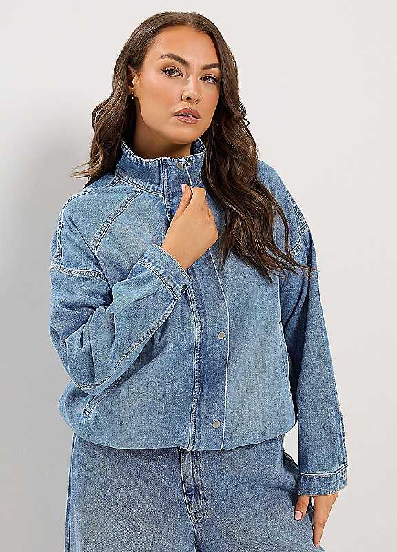Yours Women's Mid Blue Denim Funnel Neck Bomber Jacket In | Size: 30/32 - Image 3