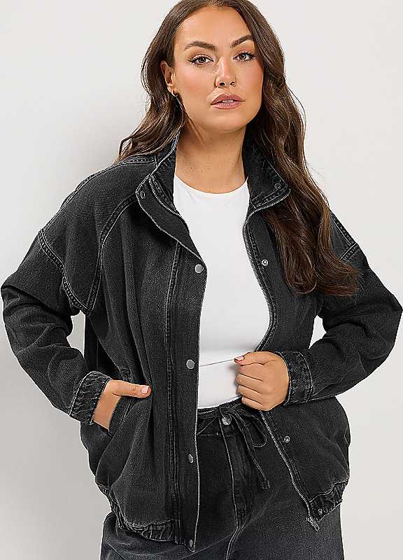 Yours Women's Black Denim Funnel Neck Bomber Jacket In | Size: 18 - Image 6