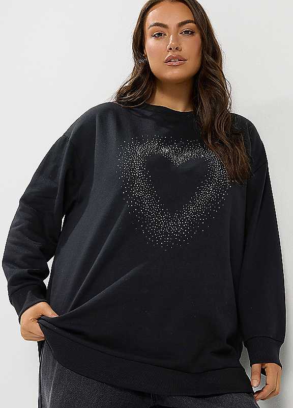 Yours Women's Black Diamante Heart Sweatshirt In | : 22/24 - Image 6