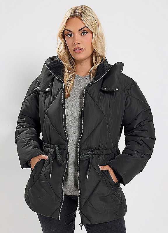 Yours Women's Diamond Quilted Puffer Coat in Black | Size: 14 - Image 3