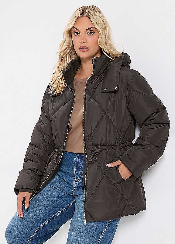 Yours Women's Brown Curve Diamond Quilted Puffer Coat