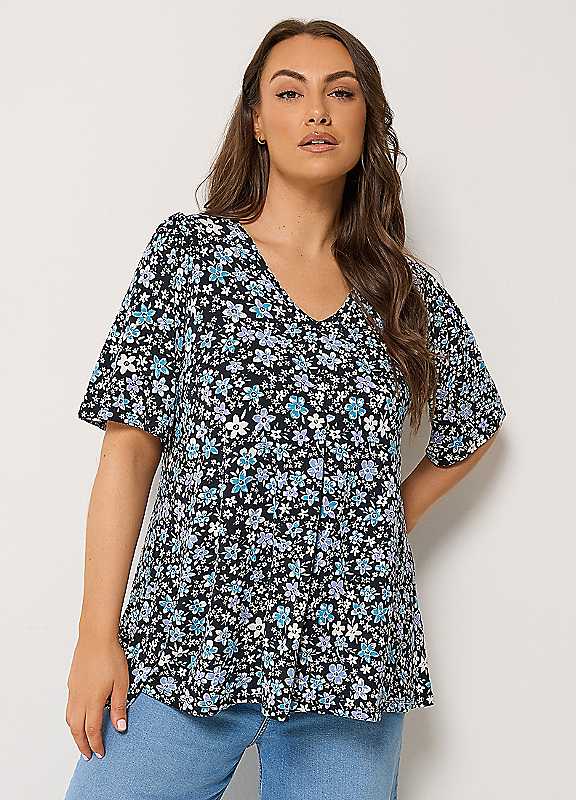 Yours Women's Black Ditsy Floral Swing Top In | Size: 30/32 - Image 2