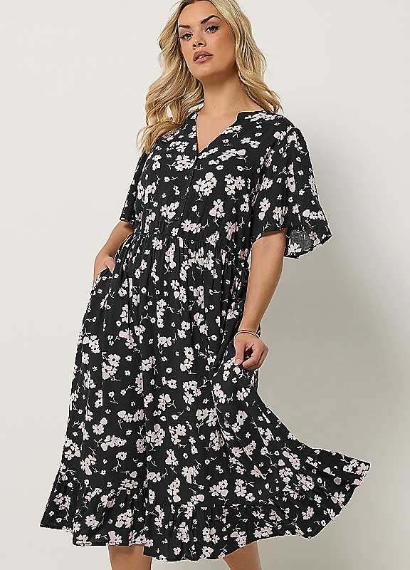 Yours Women's Black Ditsy Half Placket Midi Dress In | : 26/28 - Image 3