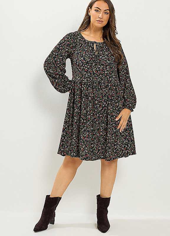 Yours Women's Black Ditsy Tie Neck Midi Dress In | Size: 26/28 - Image 7