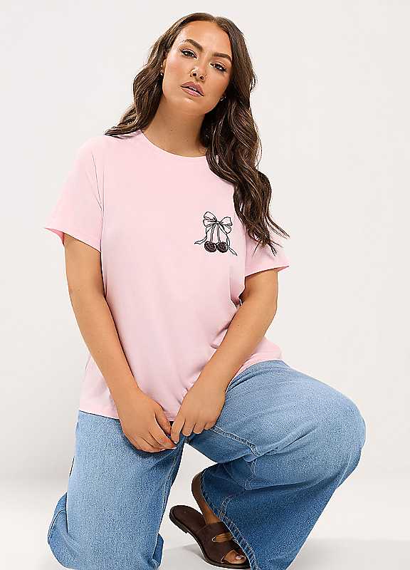 Yours Women's Baby Pink Embroidered Bow T-Shirt In | : Size 12 - Image 5