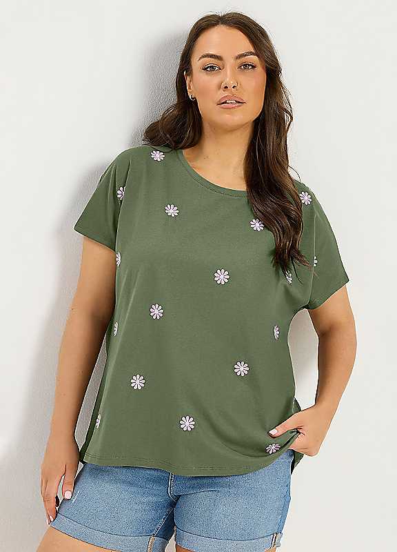 Yours Women's Olive Embroidered Daisy T-Shirt In | Size: 26-28 - Image 3