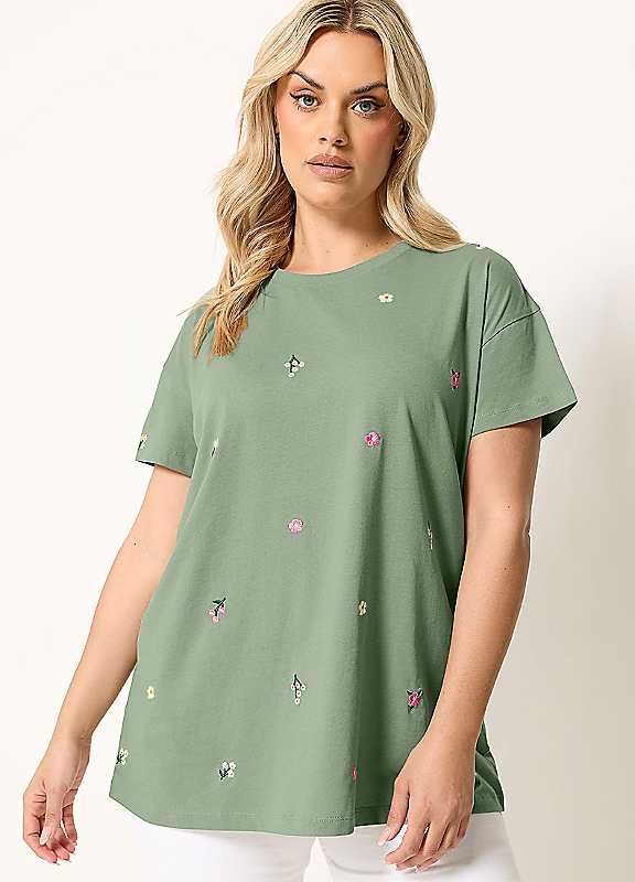 Yours Women's Light Green Embroidered Flower T-Shirt In | : 26/28 - Image 2