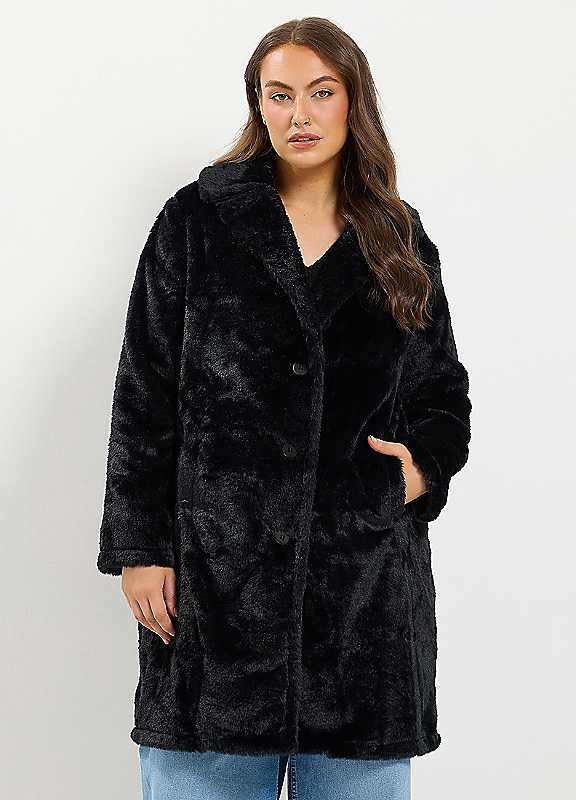 Yours Women's Black Faux Fur Button Through Coat In | Size: 30-32 - Image 2
