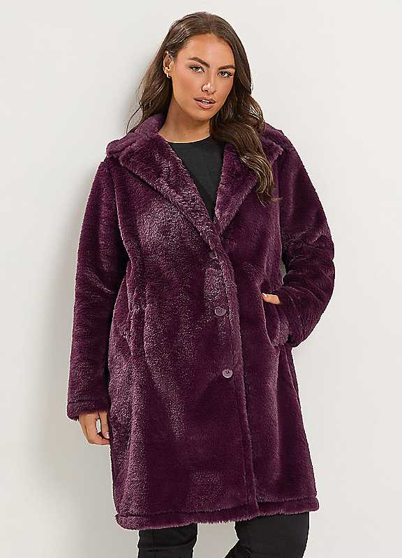 Yours Women's Purple Faux Fur Button Through Coat In | : 26/28 - Image 3