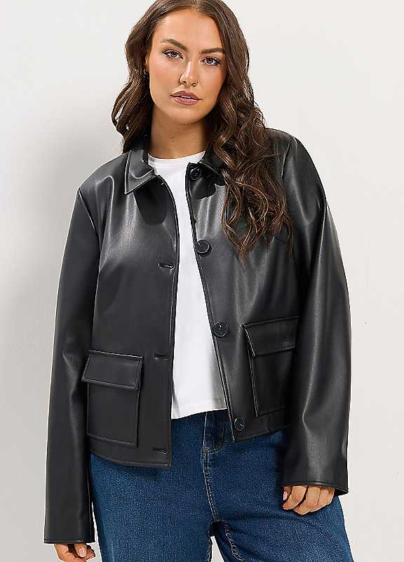 Yours Women's Black Leather Button Jacket In | : Size 16 - Image 6