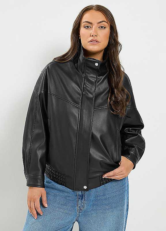 Yours Women's Black Faux Leather Funnel Neck Jacket In Size 30-32 - Image 3