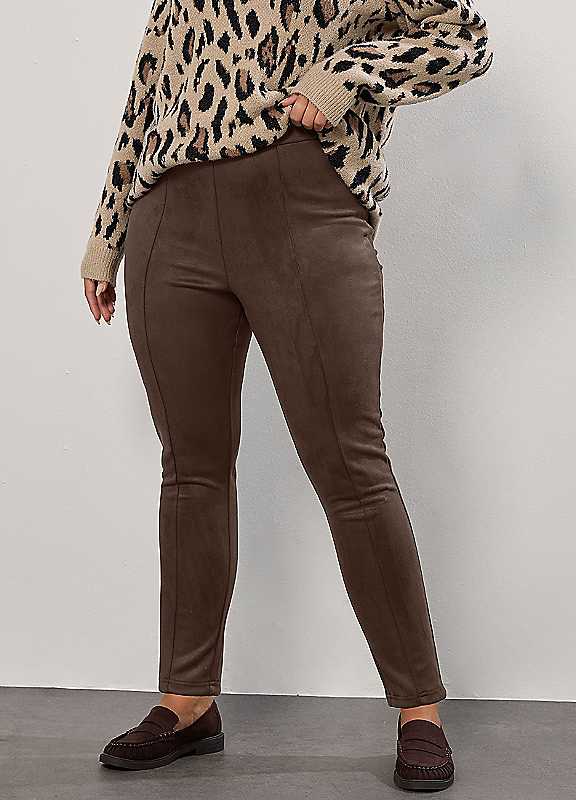 Yours Women's Dark Brown Faux Suede Leggings In | Size: 28 - Image 3