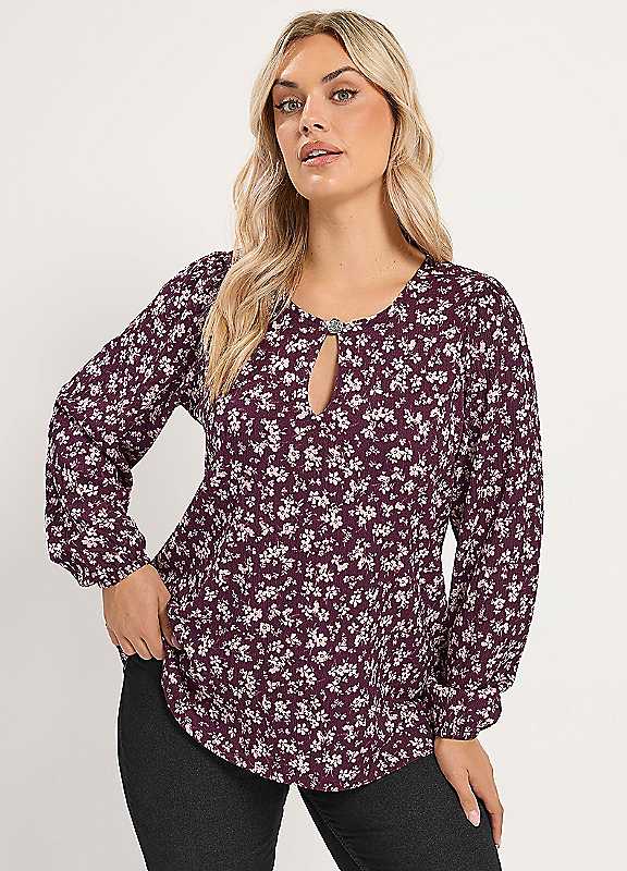 Yours Women's Purple Floral Balloon Sleeve Top In | : Size 14 - Image 2