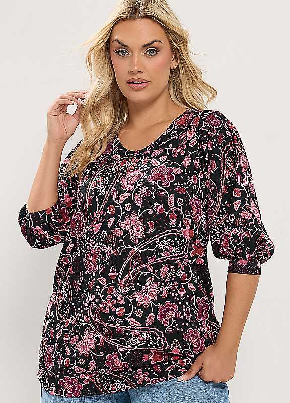 Yours Women's Black Floral Balloon Sleeve Top In Size 20 - Image 2