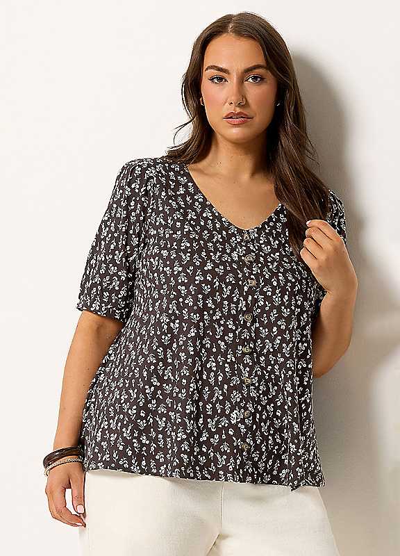 Yours Women's Brown Curve Floral Button Front Top