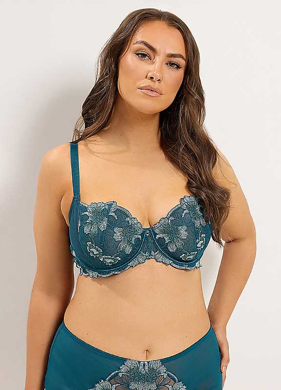 Yours Women's Floral Embroidered Underwired Non Padded Bra in Green | Size: 44C - Image 2