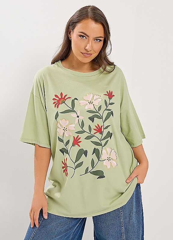 Yours Green Floral Curve Floral Graphic T-Shirt - Image 2