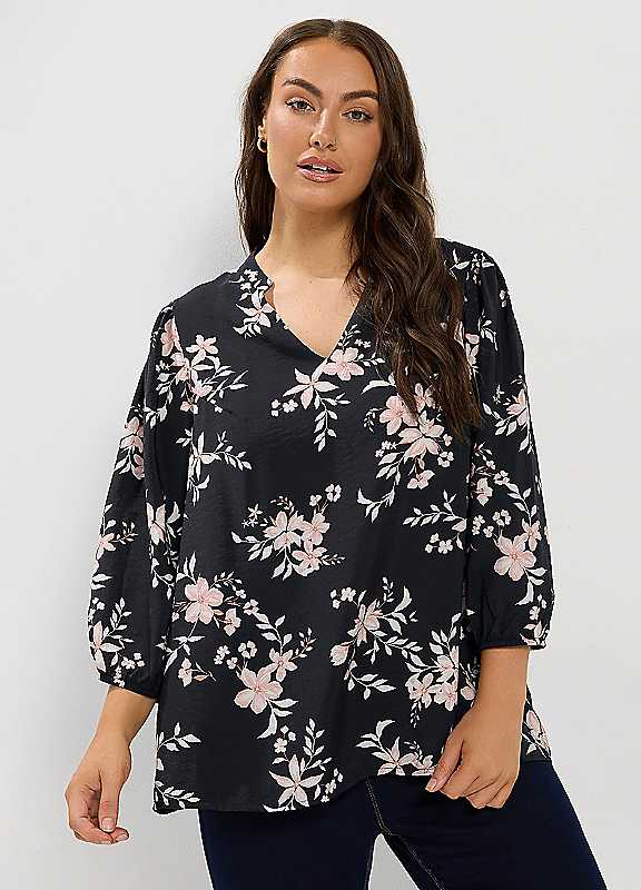 Yours Women's Floral Notch Neckline Top in Black | Size: 30-32 - Image 2
