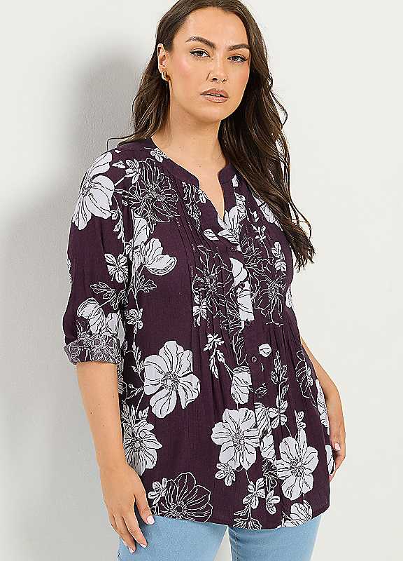 Yours Women's Floral Pintuck Top in Plum | Size: 16 - Image 6