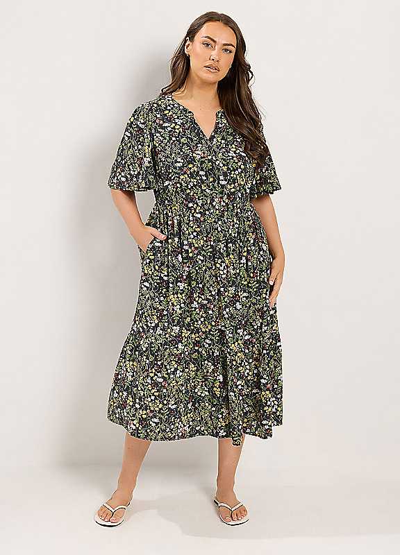 Yours Women's Black Curve Floral Placket Midi Dress