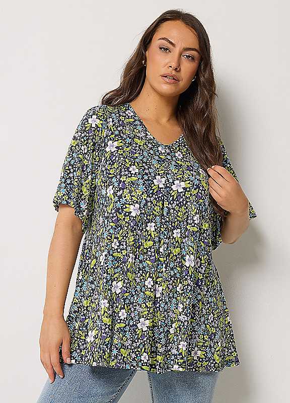 Yours Women's Blue Curve Floral Pleat Front Top - Image 3