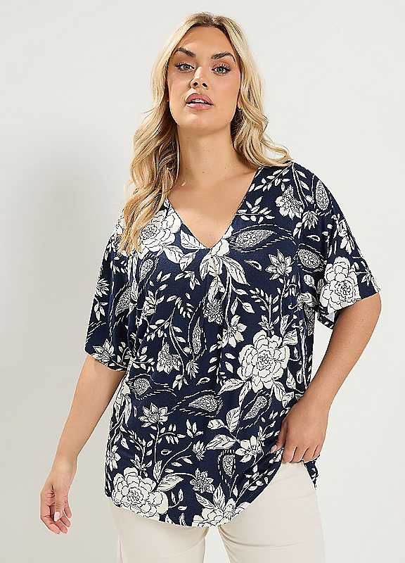 Yours Women's Mid Navy Floral Print Pleat Front Top In | Size: 30/32 - Image 6