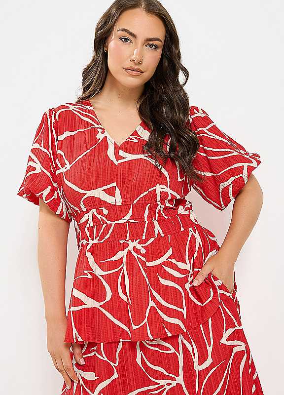 Yours Women's Red Floral Print Puff Sleeve Top In | Size: 30-32 - Image 3