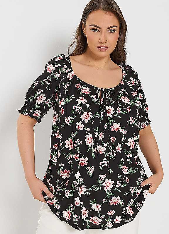 Yours Women's Black Floral Print Tie Neck Top In Size 14 - Image 2