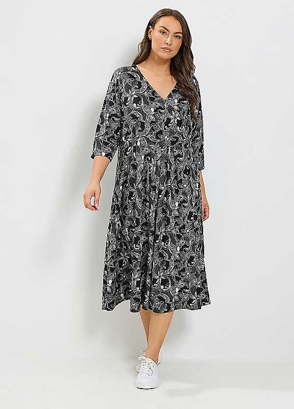 Yours Women's Black Floral Soft Touch Wrap Dress In | : 26/28 - Image 7