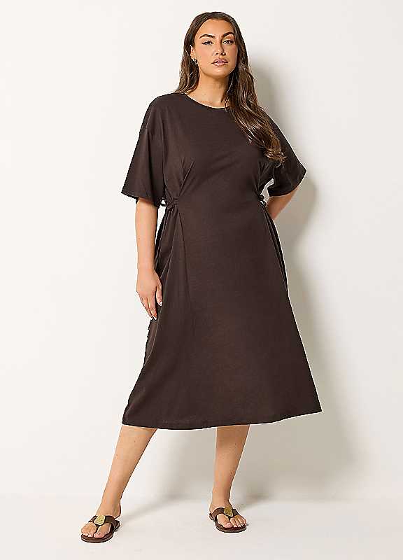 Yours Women's Brown Front Tie Midi T-Shirt Dress In | Size: 30-32 - Image 2